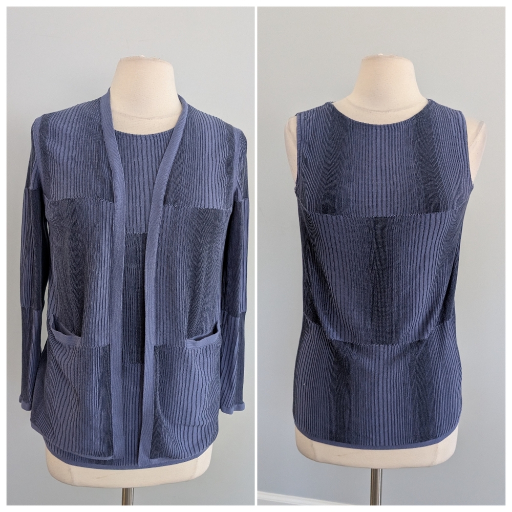 Women's Lafayette Dusty Blue Striped Tank and Blazer Medium Ribbed Business